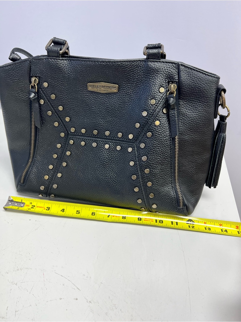 Harley Davidson Black Studded Leather Tote Bag with Tassel - Picture 15 of 16